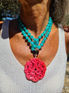 Long agate necklace with vibrant colored jade medallions