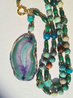 Long African turquoise necklace with geode agate pendant