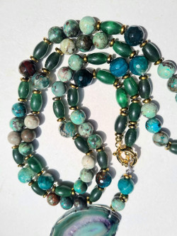 Long African turquoise necklace with geode agate pendant