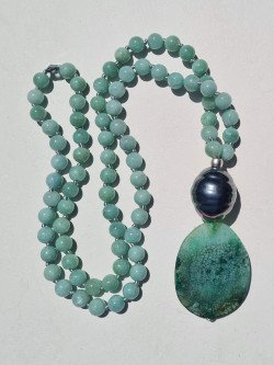 Long Necklace with Green Agate, Mother-of-Pearl Bead & Agate Pendant
