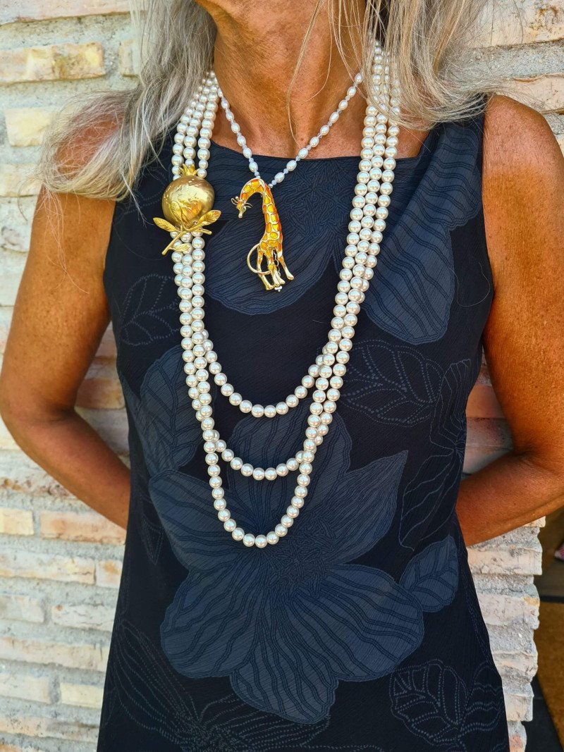 Long Three-Strand Mother-of-Pearl Necklace with Gold Pomegranate