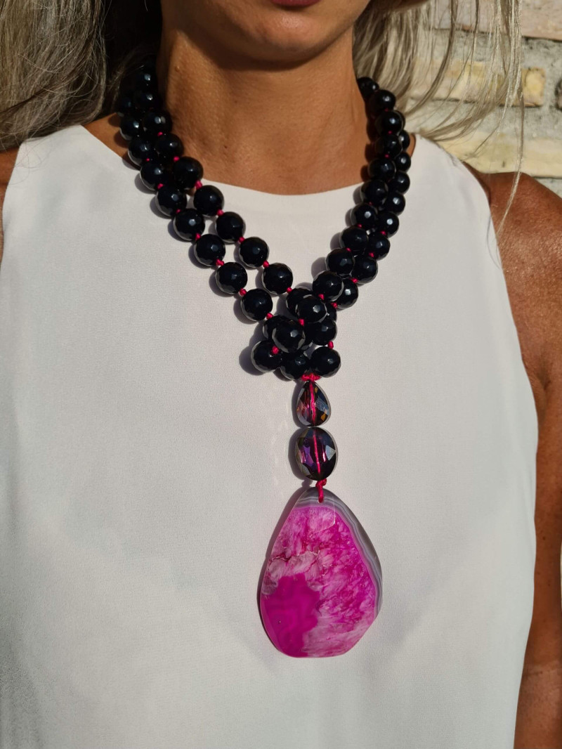 Long Black Onyx Necklace with Agate and Czech Crystal