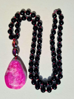 Long Black Onyx Necklace with Agate and Czech Crystal