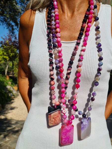 Long Striped Agate Necklace with Rectangular Pendant