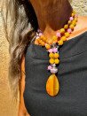 Long Pink and Yellow Agate Necklace with Quartz