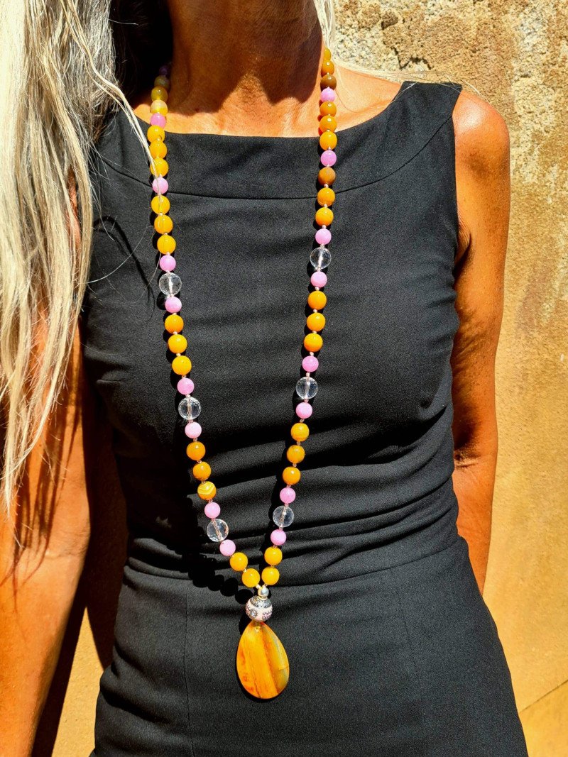 Long Pink and Yellow Agate Necklace with Quartz
