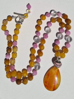 Long Pink and Yellow Agate Necklace with Quartz