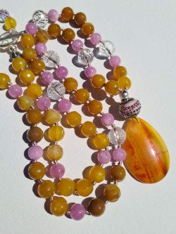 Long Pink and Yellow Agate Necklace with Quartz
