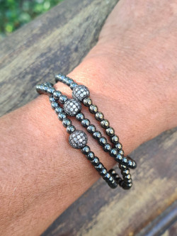 Elastic bracelets with hematite and micropavé cubic zirconia