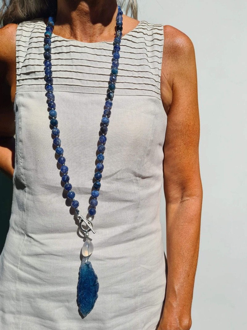 Long Dark Blue Agate Necklace with Pendant