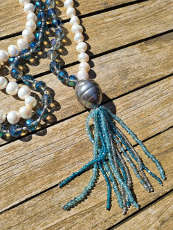 Long necklace with baroque pearls and Czech glass beads, tassel