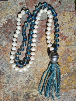 Long necklace with baroque pearls and Czech glass beads, tassel