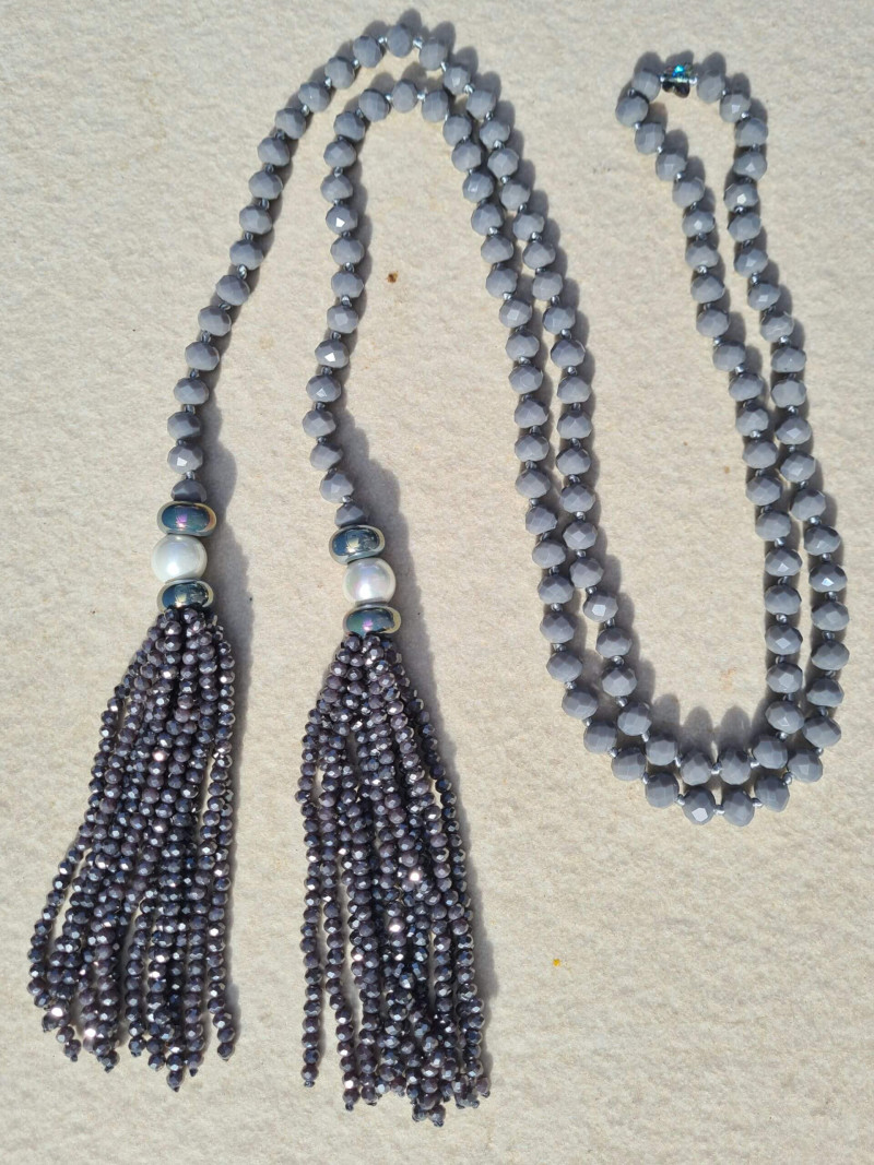 Cord necklace with Czech crystals and pompoms
