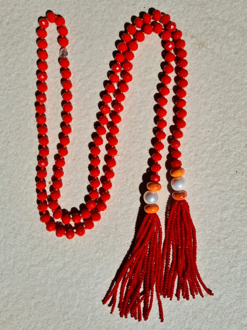 Cord necklace with Czech crystals and pompoms