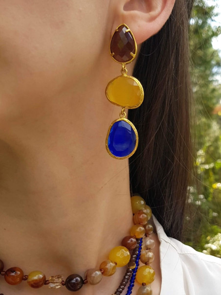 Pendientes largo con baño de oro de tres piezas de ojo de gato