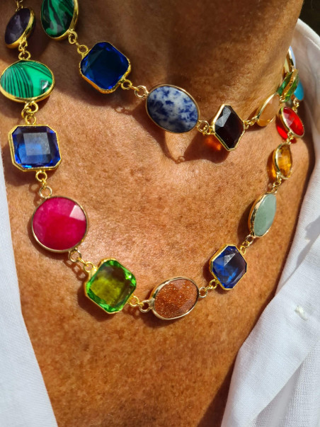 Gold chain with natural stones and multicolored crystals