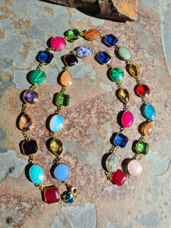 Gold chain with natural stones and multicolored crystals