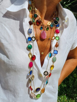 Conjunto cadenas de acero con piedras y cristales multicolores
