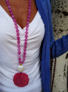 Long necklace of agates, mother-of-pearl and a unique jade medallion