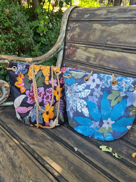 Party bag made of fabric with embroidery and sequins