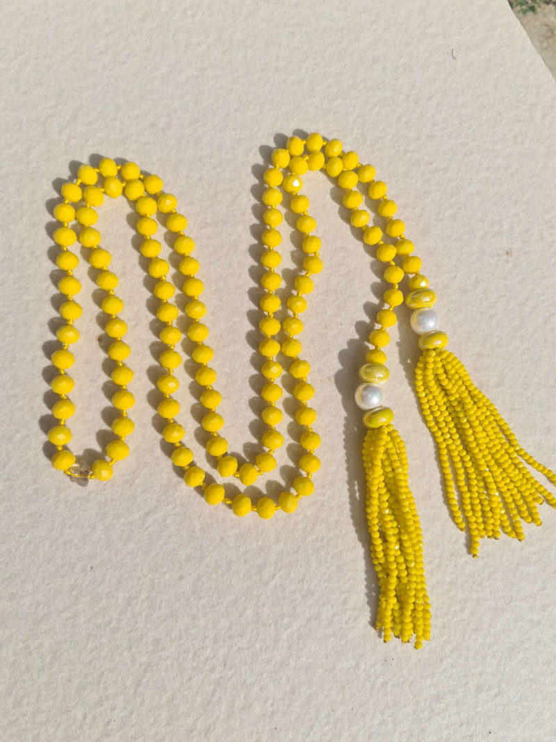 Cord necklace with Czech crystals and pompoms