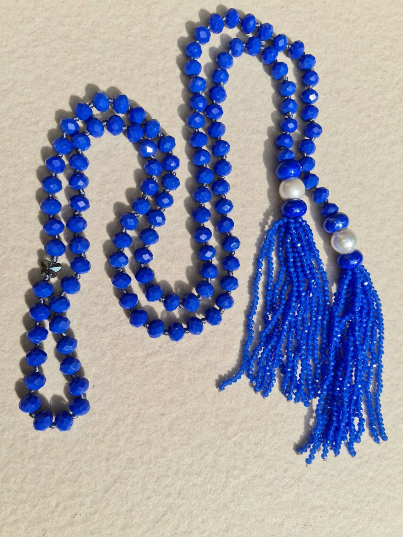 Cord necklace with Czech crystals and pompoms