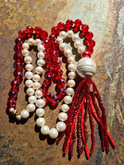 Long necklace with baroque pearls and Czech glass beads, tassel