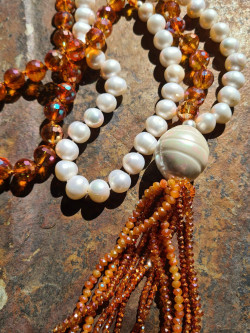 Long necklace with baroque pearls and Czech glass beads, tassel
