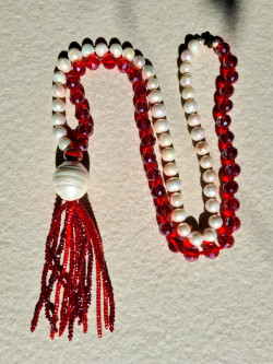 Long necklace with baroque pearls and Czech glass beads, tassel