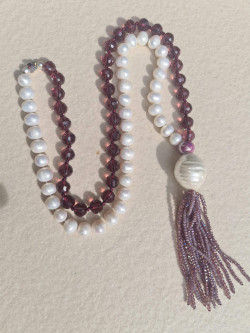 Long necklace with baroque pearls and Czech glass beads, tassel