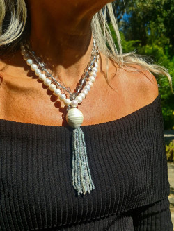 Long necklace with baroque pearls and Czech glass beads, tassel