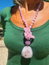 Collar largo ágatas rosa/malva con bolón de circonitas y colgante