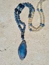 Long necklace of blue and ochre agates with a blue agate pendant