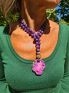 Long purple necklace with pink agate pendant and crystallized geode