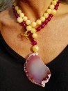 Long necklace of pink agates and garnets with an agate pendant