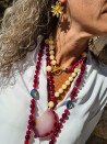 Long necklace of pink agates and garnets with an agate pendant