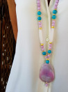 Long necklace of natural stones with agate pendant
