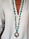 Long necklace of blue and gray agates with agate circle pendant